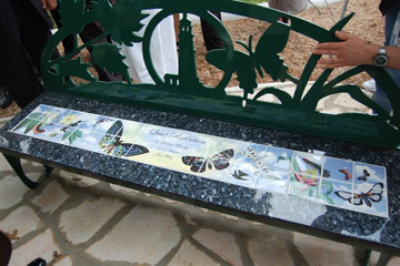 I designed the artwork for the kiln fired tiles to be inserted into this fabulous customized bench . It is a tribute to Jim Wiley from Peter Holt, Owner of the Spurs and is located in a beautiful park at the San Antonio Lighthouse for the Blind in San Antonio.
